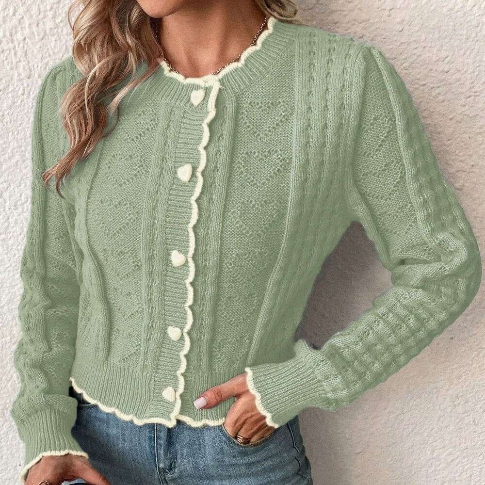 Green Casual Women's Long Sleeve Contrast Trim Cardigan - Picture 4 of 6